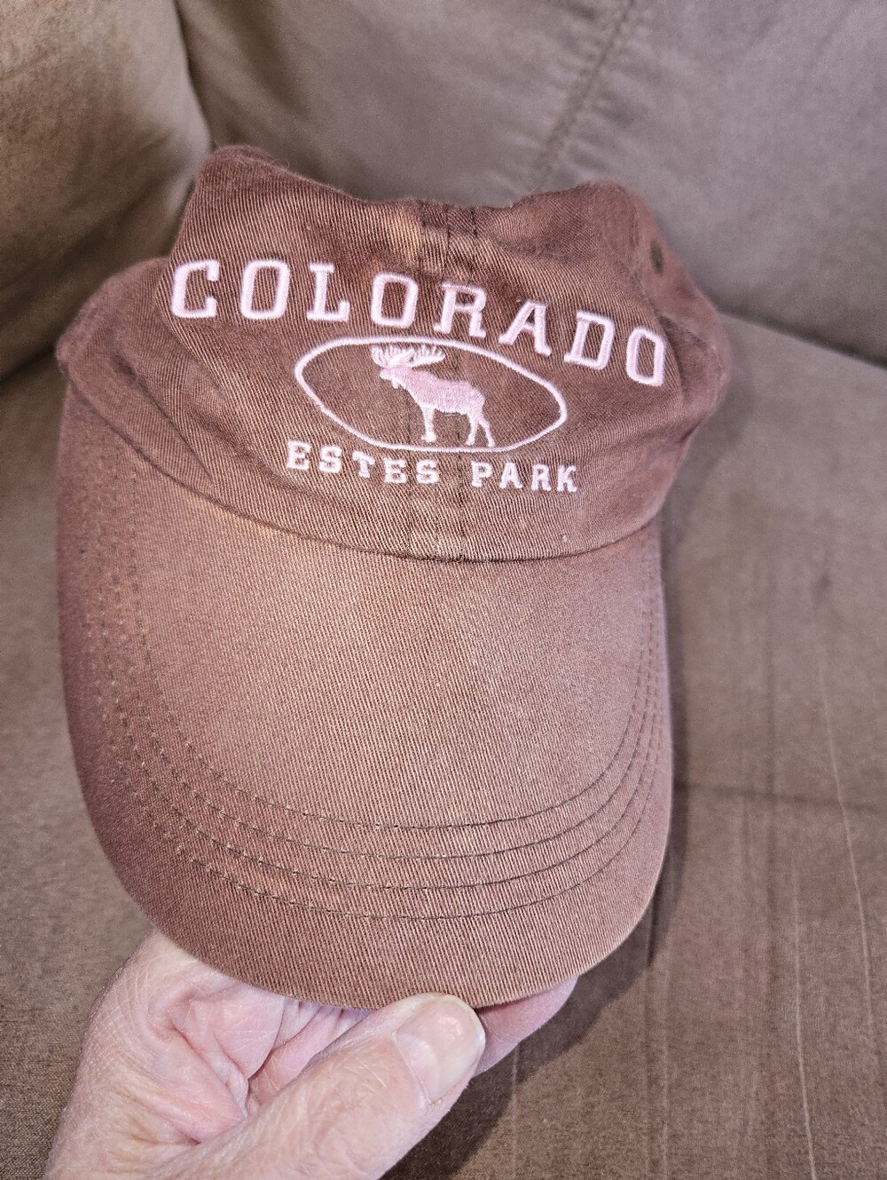 Colorado Estes Park Brown Baseball Cap,  Pink Stitching and Moose Motif